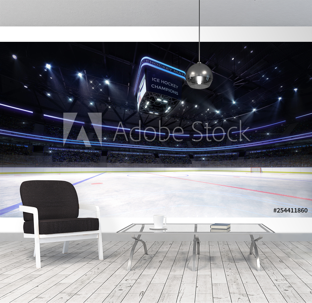 empty ice hockey arena indoor playground view illuminated by spotlights